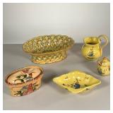 (5PC) MISC FAIENCE POTTERY | Including an open basket, two jars, a small picture, and a shaped bowl.