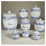 (8PC) CERAMIC SPICE JARS | Blue and white painted spice jars of varying sizes labeled (in size order