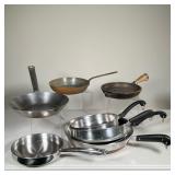 (8PC) FRYING PANS | Including; Berndes 8” cast iron, 3 Copper Clad Revere Ware pans, 2 stainless ste
