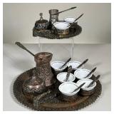 STAMPED BRASS TURKISH COFFEE SETS | Including; 1 full set with 6 gilt coffee cups in stamped brass h