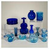 (13PC) COLLECTION OF BLUE GLASS | Including small vases, pitchers, a cello form bottle, etc. - l. 4 