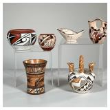 (6PC) NATIVE AMERICAN POTTERY | Including a small pot signed E. Tafoya, an Acoma pottery basket, a d