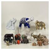 (18PC) COLLECTION OF DECORATIVE ELEPHANTS | Including carved wood, glass, brass, porcelain, and othe