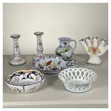 (7PC) FAIENCE POTTERY | Including a pair of candlesticks, a bud vase, a picture, an open work basket