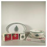 (7PC) SPODE CHRISTMAS TREE DISHES | Including; large oval platter with raised walls, serving bowl, 2