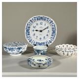 (5PC) DELFT AND OTHER DECOR | Including a wall clock, an open basket, small vase, and two bowls. - d