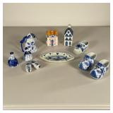 (10PC) DELFT TABLE ITEMS | Including miniature shoes, figural bells, and two small houses. - w. 1.5 