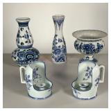 (5PC) DELFT VASES & CANDLESTICKS | Including a pair of unmarked candlestick holders, a vase with pea
