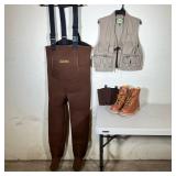CABELA’S FISHING VEST, WADERS & BOOTS | Cabela’s Angler-Wear including: (1) Woman’s Medium Vest. (1)