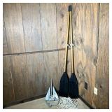 PR. BOAT OARS & ANCHOR | Pair of six foot Oars. The two piece shaft is brass with black plastic blad