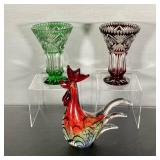 (3PC) ART GLASS ROOSTER & VASES | Group of three glass lots including: (1) Art Glass Rooster in a Mu