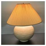 MIDCENTURY LAMP | Vintage Ceramic Bulbous Lamp in a sand & cream swirl design, with pleated shade. -