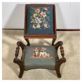 (2PC) NEEDLEPOINT STOOLS | Two Vintage stools with needlepoint coverings. The small one has two hand