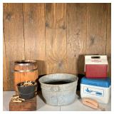 (7PC) VINTAGE BARREL, WASHTUB, COOLERS & TRIMLINE PHONE | Eclectic Lot including: (1) Wooden Barrel.