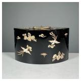 LACQUERED APPLIQUÉ FAN FORM BOX | Having two rotating drawers, decorated with birds, and leaves with