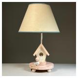 VINTAGE BIRDHOUSE-FORM TABLE LAMP | Painted pink with blue decoration, some wear to paint. 