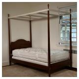 TWIN FOUR POSTER BED FRAME | Nicely figured pine wood four-poster bedstead with white painted canopy