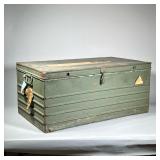 VINTAGE METAL MILITARY TRUNK | Corrugated metal sides, green military fatigue paint. - l. 31 x w. 14