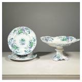 (3PC) COLORFUL STAFFORDSHIRE CHINA | Including two dinner plates and a compote. - l. 13.5 x h. 7 in 