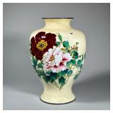 ENAMEL DECORATED VASE | Decorated with blooming flowers and leaves and a single bee, fine wire inlay