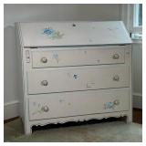 WHITE PAINTED FALL-FRONT DESK | Drop front slant lid desk painted with floral details. Having two dr