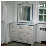 (2PC) WHITE PAINTED DRESSER & MIRROR | Small white dresser with painted floral details and a matchin