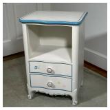 BEDSIDE TABLE | Paint decorated with flowers and blue trim. - l. 19 x w. 19 x h. 28 in 
