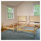 (2PC) PAIR TWIN BEDSTEADS | Cream and light blue paint decorated twin bed frames. - l. 80.75 x w. 39