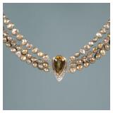 CITRINE, DIAMOND, & BAROQUE PEARL NECKLACE | Designed as a central 12.5 ct Pear Modified Brilliant C