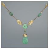 CHINESE JADE & 14K GOLD DROP NECKLACE | Designed as an early 14k gold chain with 2 stations of jade 