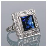 ANTIQUE SAPPHIRE & DIAMOND RING | Designed as a synthetic blue sapphire bezel mounted in a border of