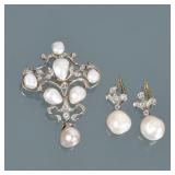 (3pc) ANTIQUE NATURAL PEARL & DIAMOND DEMI PARURE | Comprising a shield-form brooch with open scroll