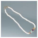 GEMSTONE, PEARL, & 18K GOLD NECKLACE | Designed as a central line of conjoined bezel mounted mixed c