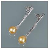 PAIR PEARL AND DIAMOND DROP EARRINGS | Having hard links set with melee diamonds each suspending a r