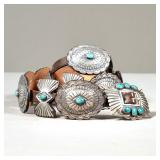 NATIVE AMERICAN TURQUOISE & STERLING CONCH BELT | Having eight oval engraved sterling silver conches