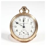 HAMPDEN DUEBER GOLD FILLED WATCH | Pocket watch having a gold-filled case with engraved steam engine