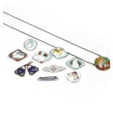 (11pc) MISC. ENAMEL JEWLEY | Including four diamond-shape enamel sterling animal pins, plus a butter