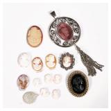 CAMEO COLLECTION | Loose cameos and cameo jewelry, including a jet cameo in a gold-tone pin, a cameo