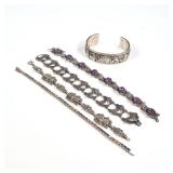 (5pc) STERLING BRACELETS | Including a Taxco amethyst cabochon bracelet (l. 7.25 in.), an LL. BCT st