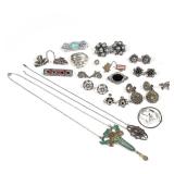 MISC. STERLING JEWELRY | Including an art nouveau enameled sterling pendant necklace, an onyx and si