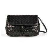 BOTTEGA VENETA EVENING BAG | Black woven leather shoulder bag with tassel clasp. - l. 6.25 x w. 3.25