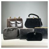 (6PC) VINTAGE HANDBAGS | Including a brown leather purse with an exterior pocket, a black, suede sty