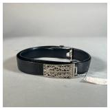 [NWT] JUDITH LEIBER BELT | Unworn, with Saks Fifth Avenue tag attached, black leather belt with a fa