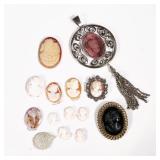 CAMEO COLLECTION | Loose cameos and cameo jewelry, including a jet cameo in a gold-tone pin, a cameo