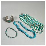(4PC) TURQUOISE JEWELRY SET | Four pieces of jewelry with turquoise motifs including two bracelets a