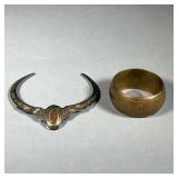 (2PC) BRASS JEWELRY | Includes: 1 brass bracelet with wave pattern & 1 decorated brass necklace.