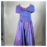 CATTIVA BY MAYA JORNOT DRESS | Iridescent purple/blue party dress with off-the-shoulder ruched top; 