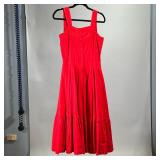 SERKEZ COTTON DRESS | Red cotton button down dress by Serkez for Cyrn Sport with ruffled hem and sid