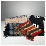 (4PC) MIXED GROUP OF SCARVES | Includes: black and white Bebe Sports scarf, dark colored Simon Chang