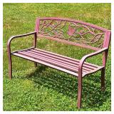 BIRD DECORATED RED PAINTED BENCH | Aluminum, Having avian-themed cast metal back and slatted seat wi